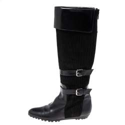 Pre Owned Oscar de la Renta Black Leather And Canvas Knee Length Boots Size 36.5
