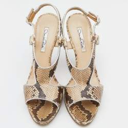 Pre Owned Oscar de la Renta Beige/Brown Python Leather Platform Ankle Strap Sandals Size 40