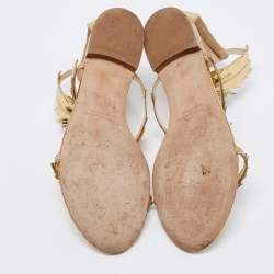 Oscar De La Renta Gold Leather Abigail Feather Ankle-Strap Sandals Size 38.5