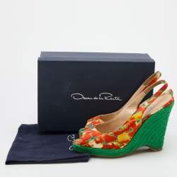 Pre Owned Oscar de la Renta Multicolor Fabric Espadrille Platform Wedge Peep-Toe Slingback Sandals Size 40