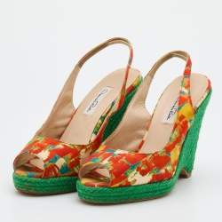 Pre Owned Oscar de la Renta Multicolor Fabric Espadrille Platform Wedge Peep-Toe Slingback Sandals Size 40