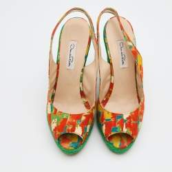 Pre Owned Oscar de la Renta Multicolor Fabric Espadrille Platform Wedge Peep-Toe Slingback Sandals Size 40