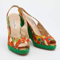 Pre Owned Oscar de la Renta Multicolor Fabric Espadrille Platform Wedge Peep-Toe Slingback Sandals Size 40