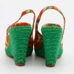 Pre Owned Oscar de la Renta Multicolor Fabric Espadrille Platform Wedge Peep-Toe Slingback Sandals Size 40