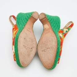 Pre Owned Oscar de la Renta Multicolor Fabric Espadrille Platform Wedge Peep-Toe Slingback Sandals Size 40