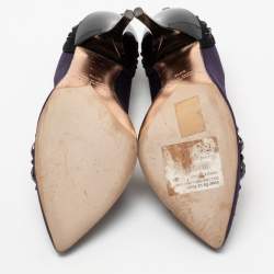 Pre Owned Oscar de la Renta Purple/Black Satin And Suede Crystal Embellished Pointed Toe Pumps Size 37.5