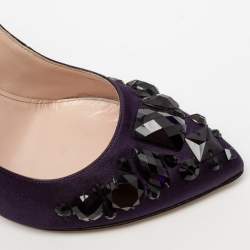 Pre Owned Oscar de la Renta Purple/Black Satin And Suede Crystal Embellished Pointed Toe Pumps Size 37.5