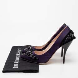 Pre Owned Oscar de la Renta Purple/Black Satin And Suede Crystal Embellished Pointed Toe Pumps Size 37.5