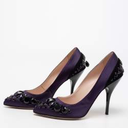 Pre Owned Oscar de la Renta Purple/Black Satin And Suede Crystal Embellished Pointed Toe Pumps Size 37.5