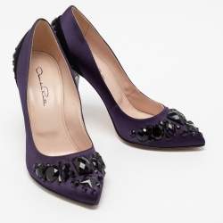 Pre Owned Oscar de la Renta Purple/Black Satin And Suede Crystal Embellished Pointed Toe Pumps Size 37.5