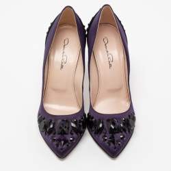 Pre Owned Oscar de la Renta Purple/Black Satin And Suede Crystal Embellished Pointed Toe Pumps Size 37.5