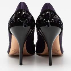 Pre Owned Oscar de la Renta Purple/Black Satin And Suede Crystal Embellished Pointed Toe Pumps Size 37.5