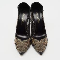 Pre Owned Oscar de la Renta Black Patent Leather and Mesh Alyssa Pumps Size 38