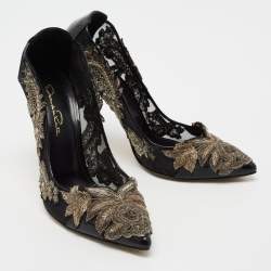 Pre Owned Oscar de la Renta Black Patent Leather and Mesh Alyssa Pumps Size 38