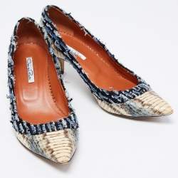 Pre Owned Oscar de la Renta Multicolor Python Leather and Fabric Pointed Toe Pumps Size 39.5