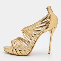 Oscar de la Renta Metallic Gold Leather Ankle Strap Platform Sandals Size 40