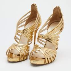 Oscar de la Renta Metallic Gold Leather Ankle Strap Platform Sandals Size 40