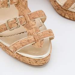 Oscar de la Renta Beige Cork and Leather Trim Wedge Sandals Size 38