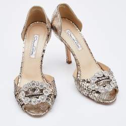Pre Owned Oscar de la Renta Silver Python Crystal Embellished Dorsay Pumps Size 37.5
