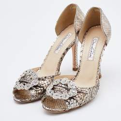 Pre Owned Oscar de la Renta Silver Python Crystal Embellished Dorsay Pumps Size 37.5