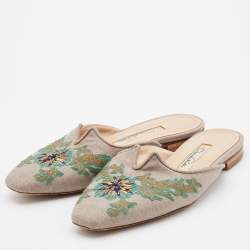 Pre Owned Oscar de la Renta Multicolor Canvas Embroidered Spanish Flat Mules Size 37