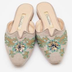 Pre Owned Oscar de la Renta Multicolor Canvas Embroidered Spanish Flat Mules Size 37