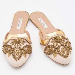 Pre Owned Oscar de la Renta Pink/Metallic Gold Fabric and Leather Embellished Flat Mules Size 37
