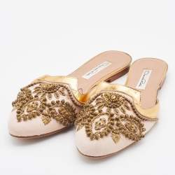 Pre Owned Oscar de la Renta Pink/Metallic Gold Fabric and Leather Embellished Flat Mules Size 37