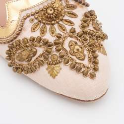 Pre Owned Oscar de la Renta Pink/Metallic Gold Fabric and Leather Embellished Flat Mules Size 37