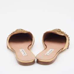 Pre Owned Oscar de la Renta Pink/Metallic Gold Fabric and Leather Embellished Flat Mules Size 37