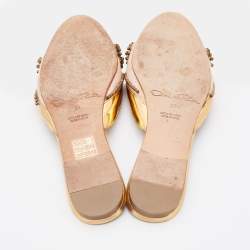Pre Owned Oscar de la Renta Pink/Metallic Gold Fabric and Leather Embellished Flat Mules Size 37