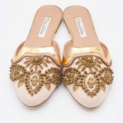 Pre Owned Oscar de la Renta Pink/Metallic Gold Fabric and Leather Embellished Flat Mules Size 37