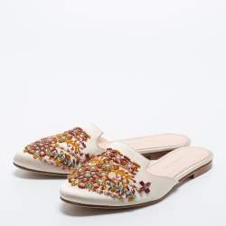 Pre Owned Oscar de la Renta White Satin Embellished Mules Size 39