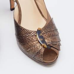 Oscar de la Renta Metallic Brown Python Embossed Leather Slingback Peep Toe Pumps Size 38