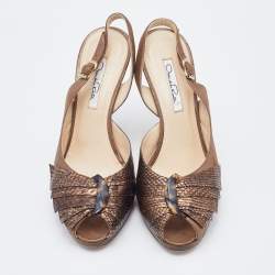 Oscar de la Renta Metallic Brown Python Embossed Leather Slingback Peep Toe Pumps Size 38