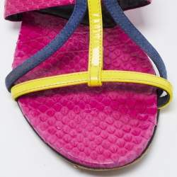 Pre Owned Oscar de la Renta Multicolor Patent Leather and Watersnake Strappy Flat Sandals Size 38