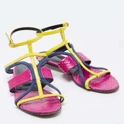 Pre Owned Oscar de la Renta Multicolor Patent Leather and Watersnake Strappy Flat Sandals Size 38