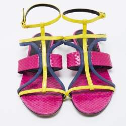 Pre Owned Oscar de la Renta Multicolor Patent Leather and Watersnake Strappy Flat Sandals Size 38