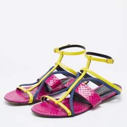 Pre Owned Oscar de la Renta Multicolor Patent Leather and Watersnake Strappy Flat Sandals Size 38