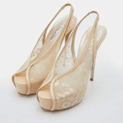 Pre Owned Oscar de la Renta Beige Leather and Mesh Slingback Platform Pumps Size 38.5