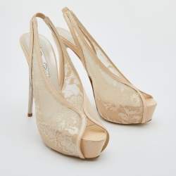 Pre Owned Oscar de la Renta Beige Leather and Mesh Slingback Platform Pumps Size 38.5