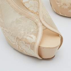 Pre Owned Oscar de la Renta Beige Leather and Mesh Slingback Platform Pumps Size 38.5