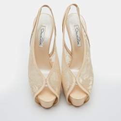 Pre Owned Oscar de la Renta Beige Leather and Mesh Slingback Platform Pumps Size 38.5