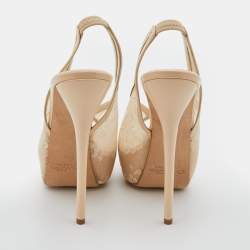 Pre Owned Oscar de la Renta Beige Leather and Mesh Slingback Platform Pumps Size 38.5