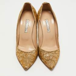 مملوكة مسبقًا Oscar de la Renta Golden Brocade Fabric Pointed Toe Pumps Size 38