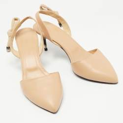 Pre Owned Oscar de la Renta Beige Leather Cora Knot Slingback Pumps Size 39.5