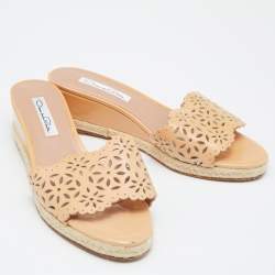Pre Owned Oscar de la Renta Beige Patent Leather Laser Cut Detail Wedge Espadrille Slide Sandals Sizes 36