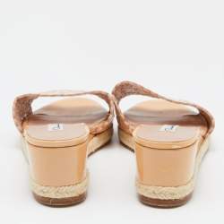 Pre Owned Oscar de la Renta Beige Patent Leather Laser Cut Detail Wedge Espadrille Slide Sandals Sizes 36