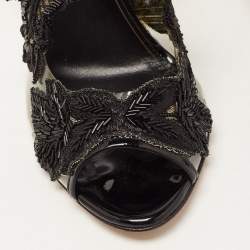 Pre Owned Oscar de la Renta Black Patent Leather, PVC and Lace Ambria Peep Toe Pumps Size 37