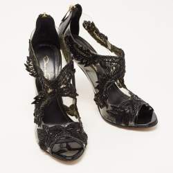 Pre Owned Oscar de la Renta Black Patent Leather, PVC and Lace Ambria Peep Toe Pumps Size 37